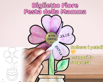 Lavoretto Festa della Mamma Fiore, Biglietto con Messaggio Nascosto, Attività Bambini Stampabile, Regalo Mamma Fai da Te PDF