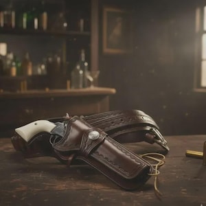 Può includere: Una fondina in pelle marrone con un emblema argentato e una cintura abbinata. Un revolver con manico bianco è parzialmente visibile nella fondina. Tema western.