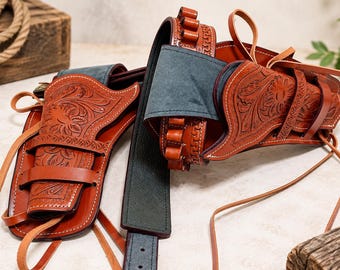 Handgefertigter Western-Revolverholster-Gürtel aus Leder, speziell angefertigt für Läufe von 4 bis 6,5 Zoll im Kaliber .22, .35/.357 und .44/.45.