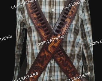 Handgefertigter, zweifarbiger, braun-hellbrauner, handpunzierter Leder-Munitionsgürtel für Kaliber .22/.45/.38/.357/.44, 56 Schuss