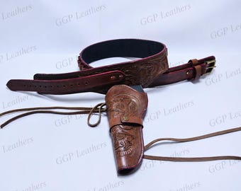 Handgefertigtes Western-Leder-Revolverhalfter mit Gürtel – Kirsche – Passend für Läufe von 4" bis 6.5" – Kal. .22, .38/.357, .44/.45 – Cowboy-Stil