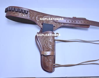 Cinturón de cuero estilo vaquero hecho a mano para revólver con doble funda. Diseño personalizado para cañones de 4 a 6.5 pulgadas, calibres .22, .35/.357 y .44/.45.