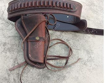 Cinturón de estilo vaquero occidental vintage con presillas para munición, funda de cuero de vaca argentina, calibres .22, .357, .38, .44 y .45.