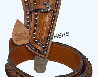 "Handgefertigte Punzierter Cowboy Patronengürtel aus Leder, Kaliber .22 .357 .38 .44 .45"