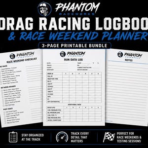 Puede incluir: Un conjunto de tres páginas imprimibles de diario de carreras de aceleración y planificador de fin de semana de carreras de Phantom Raceworks. Incluye una lista de verificación, un registro de datos de carrera y una página de notas.