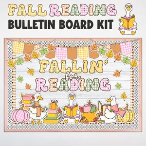 May include: A Fall Reading Bulletin Board Kit featuring a banner with the text FALLIN' for READING, decorated with gingham-patterned pennants, autumn leaves, pumpkins, and illustrations of geese wearing scarves and reading books.
