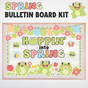 May include: A spring-themed bulletin board kit with the words "SPRING BULLETIN BOARD KIT" at the top. The board features a frog theme with the phrase "HOPPIN' into SPRING". Includes frog and flower decorations, and space for names.