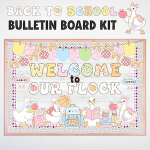 May include: A back to school bulletin board kit featuring the text Welcome to our flock. The design includes cartoon ducks, apples, pencils, bows, a basketball, a backpack, and books in pastel colors against a white wood grain background.