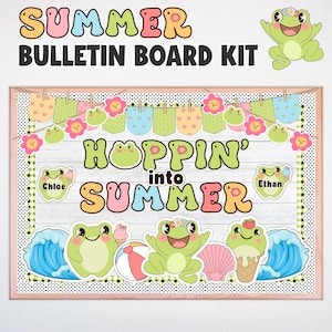 May include: A colorful summer bulletin board kit with the words "SUMMER BULLETIN BOARD KIT" at the top. The board features the phrase "HOPPIN' into SUMMER" with frog and summer-themed graphics, including waves, a beach ball, and an ice cream cone.
