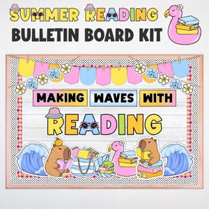 May include: A decorative bulletin board kit with the text "SUMMER READING BULLETIN BOARD KIT" and "MAKING WAVES WITH READING." The design includes a flamingo, capybaras, and waves, all reading books. The board has a wooden frame.