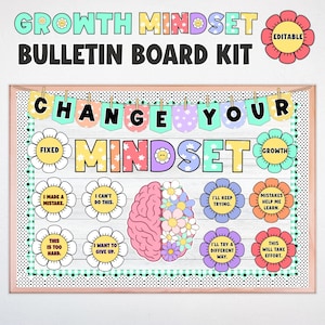 Puede incluir: Un colorido kit de tablón de anuncios con las palabras "Growth Mindset" y "Change Your Mindset". Incluye elementos en forma de flor con frases motivadoras. Ideal para educación o desarrollo personal, promoviendo una mentalidad positiva.