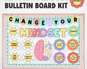 Tablón de anuncios de mentalidad de crecimiento, cambia tu mentalidad, socioemocional, decoración pastel para el aula