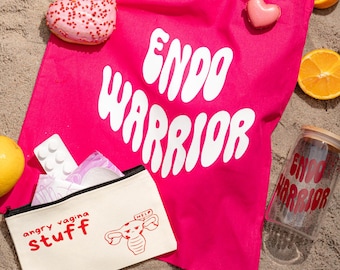 Endo Warrior Gift Set | Endometriosis Gift Set | Endometriosis Awareness | Fabric bag with glass and straw, mini bag | Period products