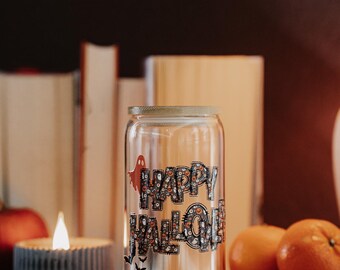 Halloween drinking glass with bamboo lid and straw - Happy Halloween gift