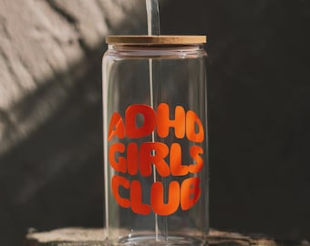 ADHD Girls Club Drinking Glass with Bamboo Lid and Straw | ADHD | ADHD Gift | Neurodivergents