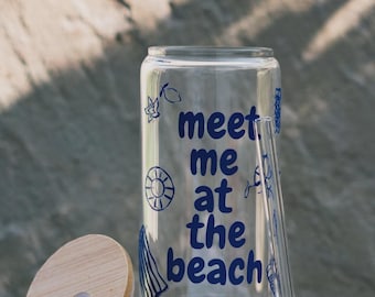 "Meet me at the beach" drinking glass with bamboo lid and straw | Summer glass | Travel gift