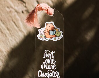 Acrylic bookmark - just one more chapter - with capybara and chiffon ribbon