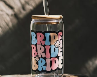 "BRIDE" drinking glass with bamboo lid and straw | Bride to be | Bride to be gift | Bride | Bride gift