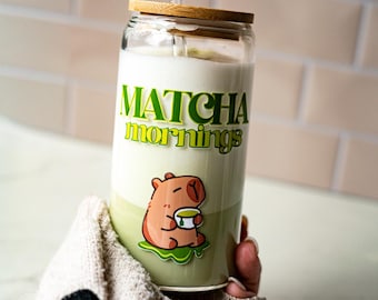 MATCHA MORNING CAPYBARA Drinking Glass with Bamboo Lid and Straw | Matcha Glass
