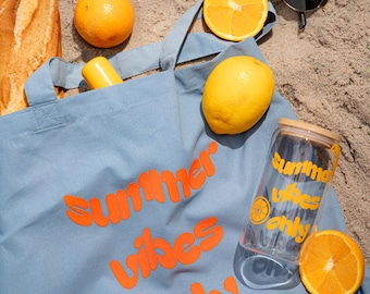 Gift Set - SUMMER VIBES ONLY - Tote Bag and Drinking Glass with Bamboo Lid | Summer Gift Set | Summer Accessories