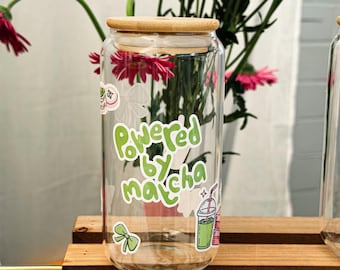 Powered by Matcha - Drinking glass with bamboo lid and straw | Matcha drinking glass | Matcha mouse
