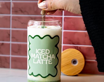 Iced Matcha Latte Drinking Glass with Bamboo Lid and Straw | Matcha Glass | Matcha Mouse