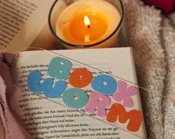 Acrylic bookmark "Book Worm" holographic with chiffon ribbon - Bookworm bookmark