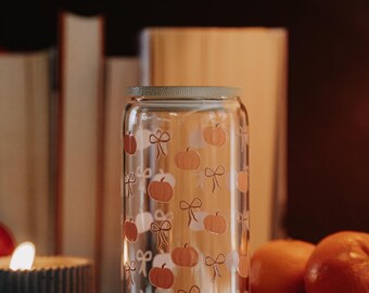 Pumpkin drinking glass with ribbons, bamboo lid, and straw - Autumn Pumpkin Drinking Glass