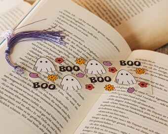 Acrylic Halloween Ghost Bookmark with Flowers - Acrylic Halloween Bookmark with Tassel