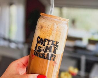 "Coffee is my therapy" drinking glass with bamboo lid and straw | Barista drinking glass | Barista