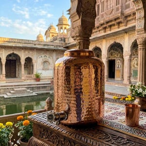 Peut inclure: Un distributeur d'eau en cuivre martelé avec un robinet et un couvercle est posé sur une table en bois sculpté. Le distributeur cylindrique reflète la lumière du soleil. Une tasse en cuivre est à proximité. Le fond montre un bâtiment orné d'arches et de dômes. Hauteur: environ 30 cm.