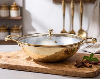 Brass Kadhai with Glass Lid (Round Base) Cookware for Indian Kitchen, Non-Stick Brushed Finish, Sturdy Handled Pot for Cooking & Serving