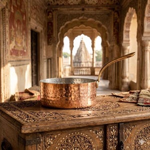 Cacerola de cobre puro con revestimiento de estaño martillado y soporte de latón - Utensilios de cocina y para servir
