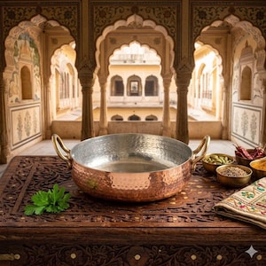 Pure Copper Round Serving Dish, Tin Lining and Brass Handle, 530 ML