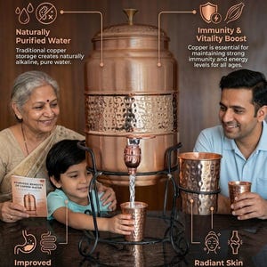 Könnte beinhalten: Ein großer Wasserspender aus Kupfer mit gehämmertem Design, einem Metallhahn und passendem Deckel auf einem schwarzen Metallständer. Der Spender wird von zwei passenden gehämmerten Kupferbechern begleitet, mit Texten zu den Vorteilen von Kupferwasser.