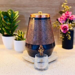 Pure Copper Water Dispenser with Antique Etching | 5L Ayurvedic Jal Storage