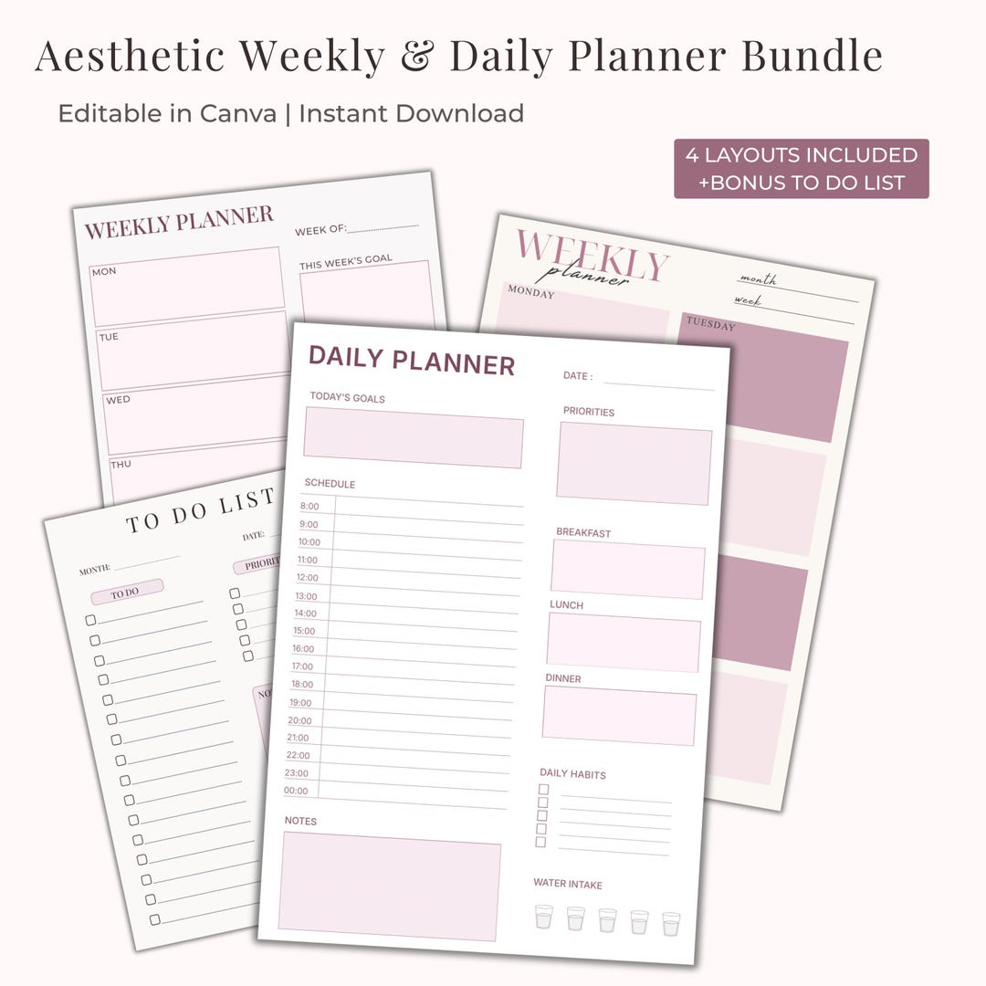 Soft Pink Weekly & Daily Planner – Editable Canva Template (digital ...