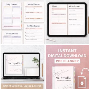 Op de afbeelding: Een digitale PDF-planner met een zachtroze en wit ontwerp, met de tekst "Me, Myself & I" en "Daily Planner & Self Reflection." De afbeelding toont de planner op een laptop, tablet en afgedrukte pagina's. De woorden "Directe digitale download" zijn ook zichtbaar.