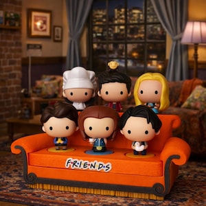 Puede incluir: Colección de seis figuras estilizadas de los personajes de Friends, dispuestas sobre un sofá naranja con la palabra "FRIENDS". El fondo muestra un salón con vistas a la ciudad a través de una ventana.