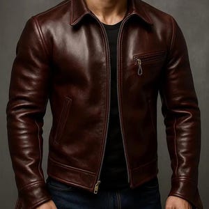 Könnte beinhalten: Dunkelburgunderfarbene Lederjacke mit Reißverschluss, kleiner Brusttasche und Kragen. Die Jacke hat lange Ärmel und wird über einem schwarzen Hemd und einer blauen Jeans getragen.