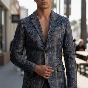 Handcrafted Men’s Navy Blue Python Leather Blazer – Exotic Snakeskin Print Luxury Statement Moto Jacket