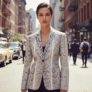 Può includere: Una persona indossa un blazer con motivo a pelle di serpente nei toni del grigio e del bianco. Il blazer ha una chiusura con un solo bottone. Lo sfondo mostra una strada cittadina con auto e pedoni.