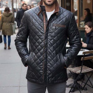 Handcrafted Men’s Onyx Diamond-Quilted Bomber – Genuine Lambskin Moto Jacket | Urban Streetwear Diamond-Stitched Leather Outerwear