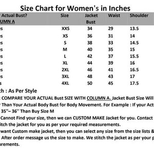May include: Size chart for women's jackets, listing bust, waist, shoulder, and sleeve measurements in inches. Includes sizes from XXS to 4XL, with bust measurements ranging from 29 to 46 inches. Also includes notes on how to measure and order.