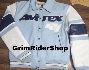 Avirex Light Blue Leather Varsity Jacket,Genuine Cowsoft Luxury Streetwear Bomber, Designer Style Coat