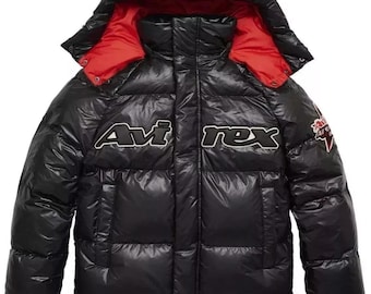 Avirex Black Leather Puffer Jacket, Luxury Hooded Streetwear Coat, Bubble Designer Style Winter Jacket
