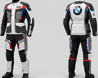 May include: A motorcycle riding suit in black, white, gray, red, and blue. The jacket and pants set features the BMW logo and branding. The jacket has multiple pockets and a high collar. The suit is designed for protection and visibility.