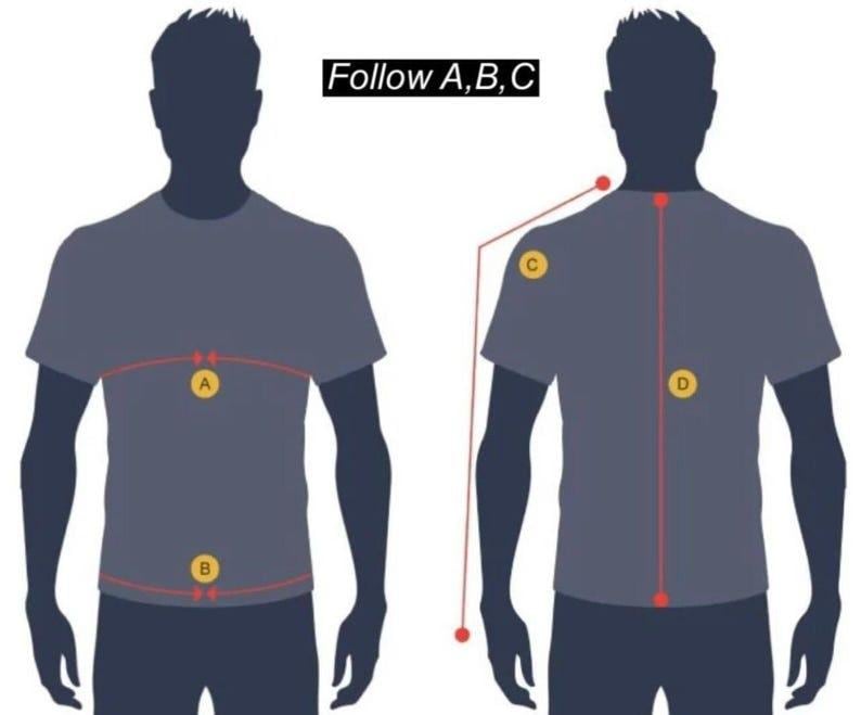 May include: Diagram illustrating how to measure a person for clothing. The image shows two silhouettes wearing t-shirts, with red lines and yellow circles indicating measurement points. Text at the top reads "Follow A, B, C".