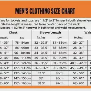May include: Men's clothing size chart with chest, sleeve length, and waist measurements in inches and centimeters. Sizes range from XS to 5XL, with corresponding measurements for each size. Includes details for tall and slim fits.