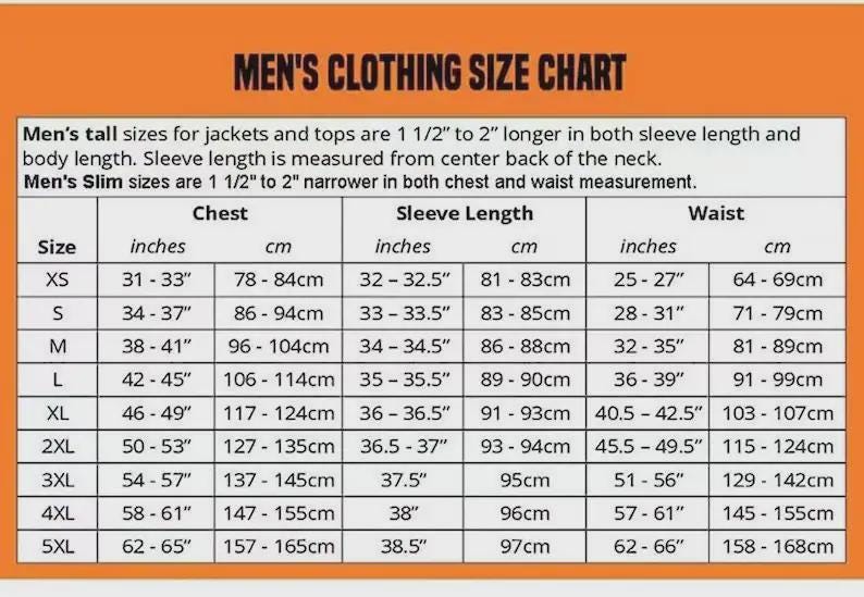 May include: Men's clothing size chart with chest, sleeve length, and waist measurements in inches and centimeters. Sizes range from XS to 5XL, with corresponding measurements for each size. Includes details for tall and slim fits.
